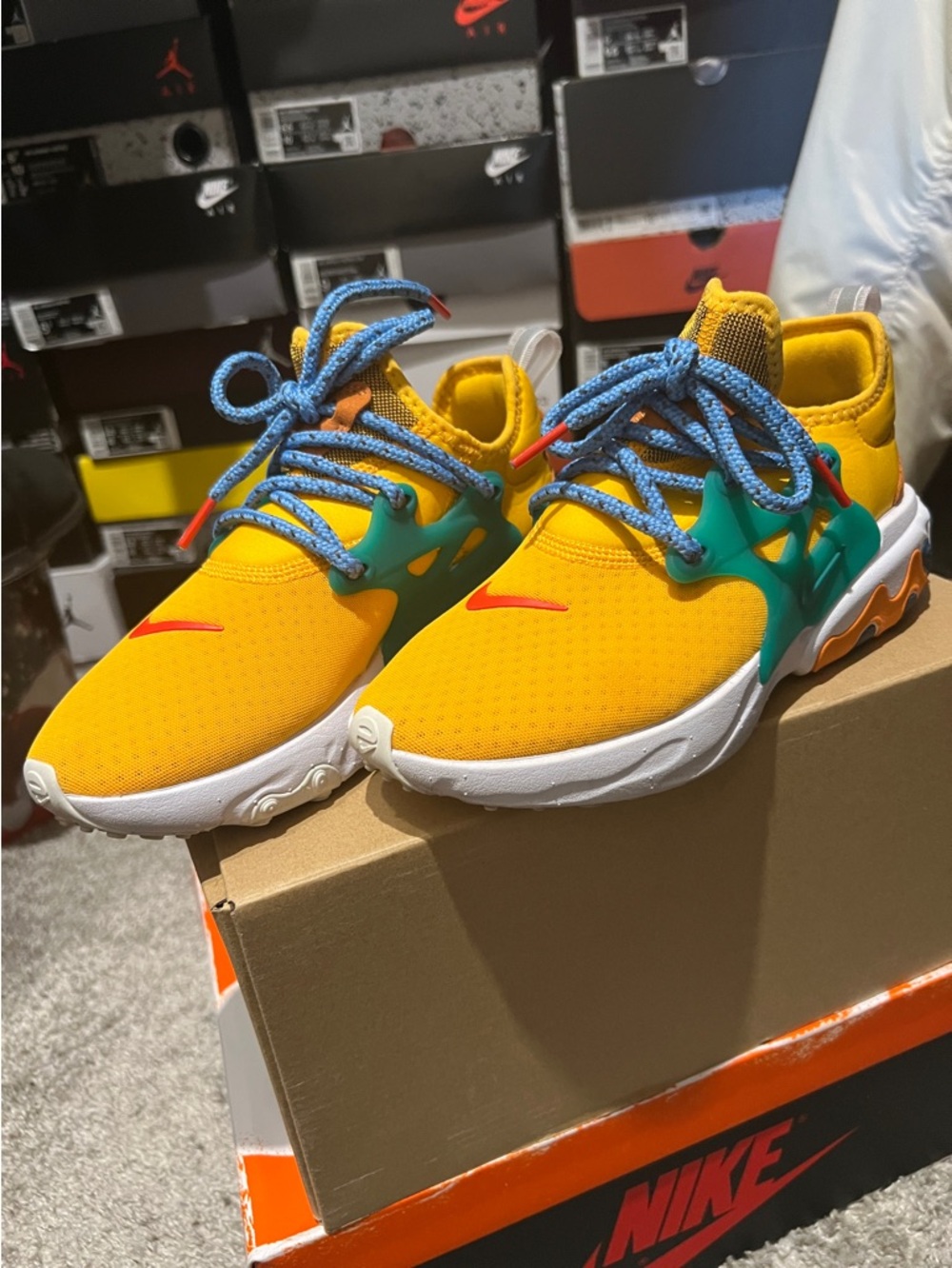 Nike Yellow Sneakers with Teal Cage and Blue Laces